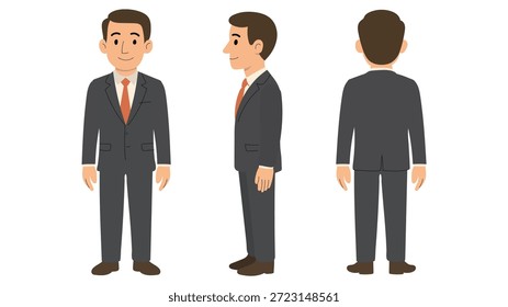 Business Man Character Vector, Office Male Cartoon Illustration, Front Side Back Views,  Flat Character Design