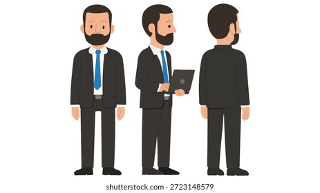 Vector de personaje de hombre de negocios, ilustración de dibujos animados masculinos de oficina, vistas traseras laterales delanteras, traje formal, diseño de personaje plano