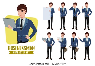 Business man character vector set. Businessman characters set of office male manager head doing presentation pose and gestures like holding laptop, presenting and talking for business design elements.