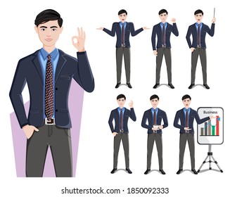 Business man character vector set. Businessman male characters in standing pose and gestures for demo presentation sales marketing cartoon collection design. Vector illustration 