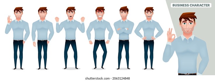 Business man character vector set. Business sales man characters collection with standing pose in angry, happy and serious gestures for male worker employee design. Vector illustration.
