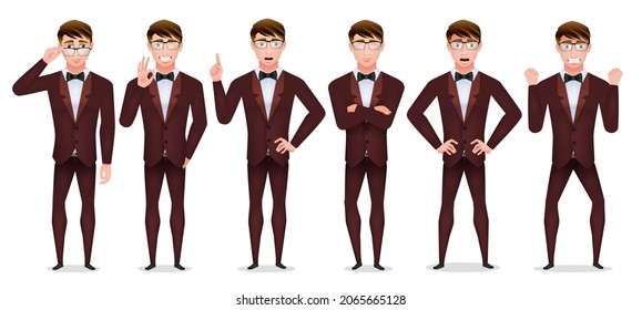 Business man character vector set. Businessman formal characters in tuxedo suit with facial expression isolated in white background for professional business collection design. Vector illustration.
