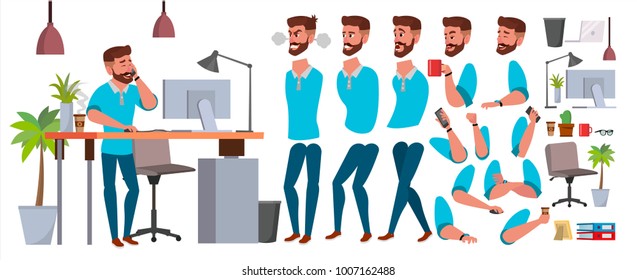 Business Man Character Vector. Working Male. Casual Clothes. Start Up, Office, Creative Studio. Animation Set. Bearded Salesman, Designer. Face Emotions, Expressions. Isolated Cartoon Illustration