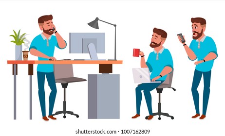 Business Man Character Vector. Working Boy, Man. Environment Process In Start Up Office, Studio. Casual Clothes.  Programmer, Designer. Isolated On White Cartoon Business Character Illustration