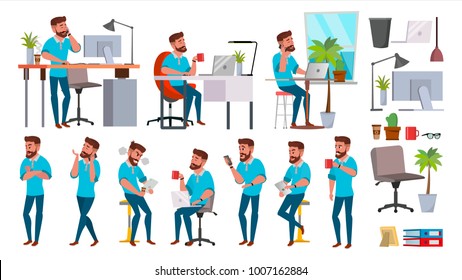 Business Man Character Vector. Working People Set. Office, Creative Studio. Bearded. Full Length. Programmer, Designer, Manager. Different Poses, Face Emotions. Cartoon Business Character Illustration