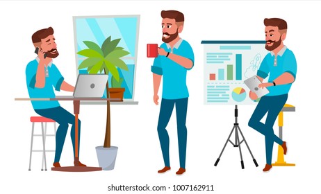 Business Man Character Vector. Working Man. Bearded. Environment Process Creative Studio. Full Length. Designer, Manager. Poses, Face Emotions, Gestures. Flat Cartoon Business Illustration