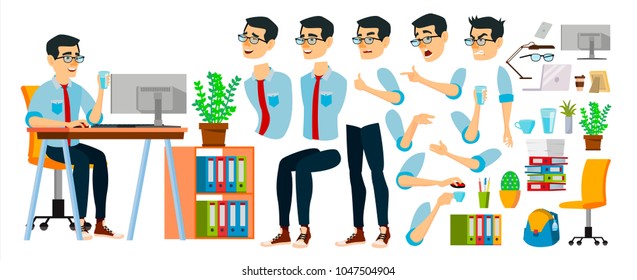 Business Man Character Vector. Working Asian Male. Business Start Up. Modern Office. Coding, Software Development.  Programmer. Animation Set. Asiatic Face Emotions. Cartoon Illustration