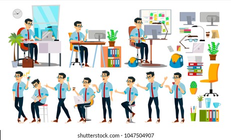 Business Man Character Vector. Working Asian People Set. Office, Creative Studio. Asiatic. Business Situation.  Software Development. Programmer.  Poses, Emotions. Cartoon Character Illustration