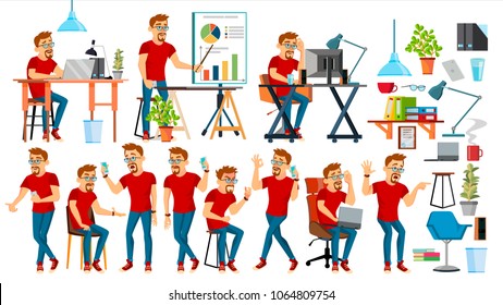 Business Man Character Vector. Working People Set. Office, Creative Studio. Bearded. Worker. Full Length. Programmer, Designer, Manager. Poses, Face Emotions. Cartoon Business Character Illustration
 