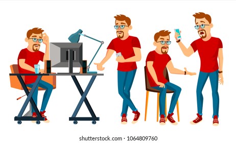 Business Man Character Vector. Working Boy, Man. Environment Process In Start Up Office, Studio. Male Programmer, Designer. Isolated On White Cartoon Business Character Illustration
