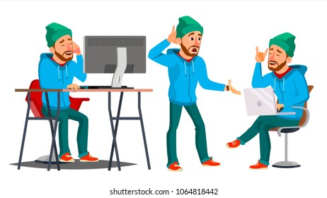 Charaktere des Geschäftsmanns, Vektor. Arbeiter. Bart. Environment Process Creative Studio. Männlicher Arbeitnehmer. Vollständige Länge. Designer. Posen, Gesichtszüge, Gesten. Cartoon Business Illustration
