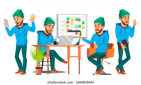 Business Man Character Vector. Working Male. Environment Process. Start Up. Bearded. Worker, Freelancer. Full Length. Programmer Developer, Manager. Expressions. Flat Business Character Illustration