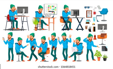 Business Man Character Vector. Working People Set. Office, Creative Studio. Bearded. Worker, Freelancer. Full Length. Programmer, Designer, Manager. Cartoon Business Character Illustration
 