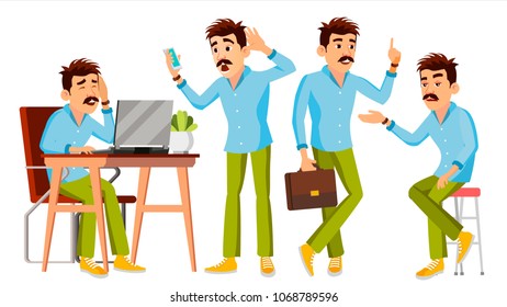 Business Man Character Vector. Working Man. Environment Process Creative Studio. Male Worker. Full Length. Designer, Manager. Poses, Face Emotions, Gestures. Cartoon Business Illustration