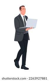 Business man character walking and holding laptop.