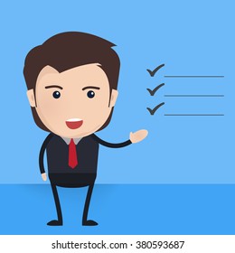 Business Man Character Waving Hand for Presentation. Vector Illustration