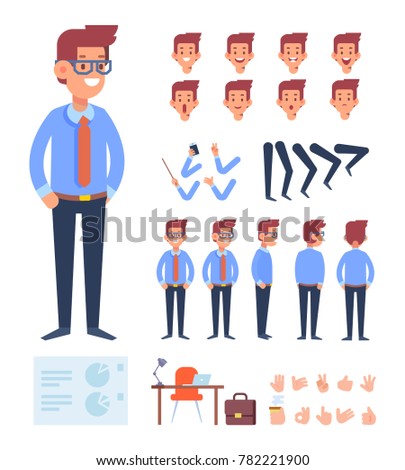 Business man character for your scenes. Character creation set with various views,  face emotions, gestures and poses. Flat vector illustration.