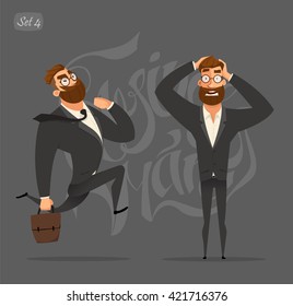 Business man. Business characters in black suits. Rush and fear