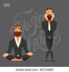 Business man. Business characters in black suits. Fear and relax