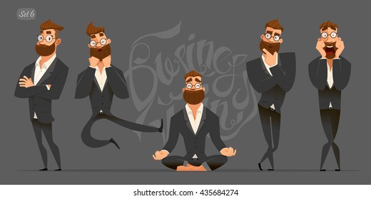 Business man characters. Business mans in black suits. Emotions and expressions