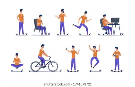 Business man characters. Business mans in casual clothes. Emotions and expressions. Set of character a handsome bearded man in casual clothes in different poses. Vector illustration