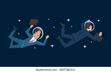 Business Man Characters in Suit and Astronaut Helmets Holding Briefcase Flying in Outer Space Among Stars Vector Set