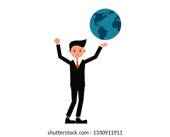 business man characters in various poses and situations. young business man portraits holding globe earth. 