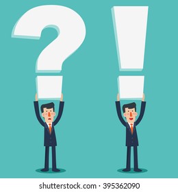 Business man characters in various poses and situations. Successful smiling business man with exclamation point. Sad business man with question mark