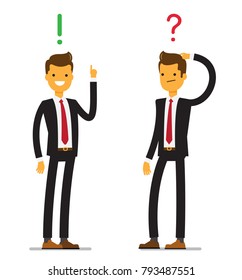 Business man characters in various poses and situations. Successful smiling business man with exclamation point. Sad business man with question mark.