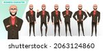 Business man characters vector set. Businessman boss character standing with happy, smiling and angry facial expressions for manager employee collection design. Vector illustration.
