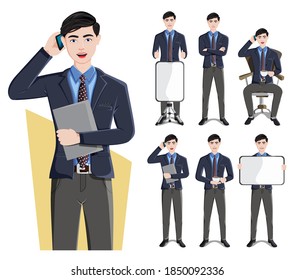 Business man characters vector set. Businessman male character in presenting pose and gestures for demo presentation sales marketing collection design. Vector illustration 