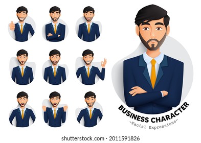 Business Man Characters Vector Set. Businessman Male Character With Facial Expression Of Serious, Happy, Smiling And Angry For Employee Collection Design. Vector Illustration