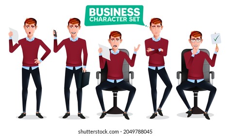 Business man characters vector set. Businessman character sitting and standing with angry, happy and thinking expressions for male boss collection design. Vector illustration.
