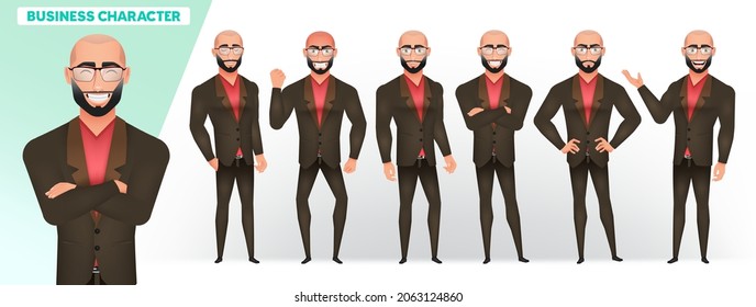 Business man characters vector set. Businessman boss character standing with happy, smiling and angry facial expressions for manager employee collection design. Vector illustration.
