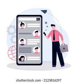 Business man chating and outsourcing on phone. Smartphone screen with dialogue of colleagues. Communication and chat on network. Handsome guy messaging virtual team online. Flat vector illustration