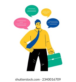 Business man with chatting bubbles around his. The dialogue, communication, thoughts, ideas, messages. Flat vector illustration isolated on white background

