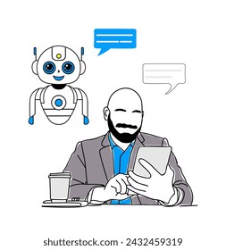 Business man chatting with chat bot outline vector
