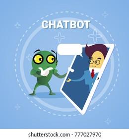 Hombre de negocios charla con Chatbot a través de tableta digital robot de chaquetón compatible con tecnología moderna Ilustración de vectores de concepto