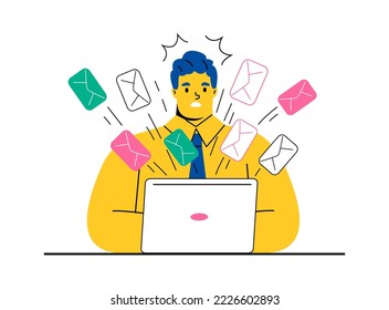 Business man checking email on computer. Flat vector illustration isolated on white background
