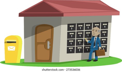 A business man is checking his post office box at a post office.