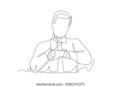 Business man checking pulse on neck using smartwatch. Counting pulse concept one-line drawing