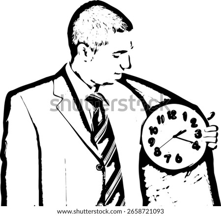 Business man checking the time and holding a clock in interior of jacket isolated on white background Sketch vector