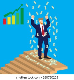 Business man cheer on top of stairs with falling money, vector, illustration.