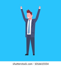 Business Man Cheerful Hold Raised Hands Office Worker Character Businessman Isolated Flat Vector Illustration