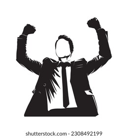 Business man cheers and clenches his fists, abstract isolated vector silhouette, ink drawing