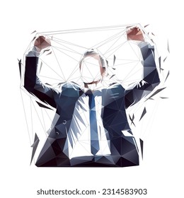 Business man cheers and clenches his fists, low polygonal isolated vector illustration from triangles