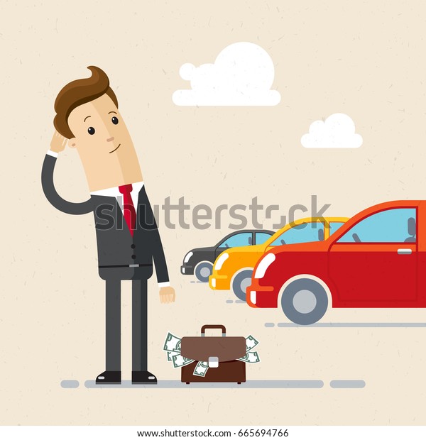 Business man choice\
car and buying. Businessman stands with briefcase full of money. \
Vector, illustration,\
flat