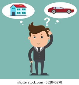 Business man choosing between a car with home  - vector illustration