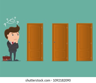 Business man choosing a door- Vector illustration