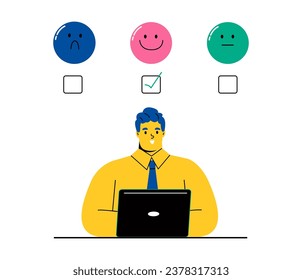 Business man choosing face emoticon on the laptop. Customer service evaluation concept. Flat vector illustration isolated on white background
